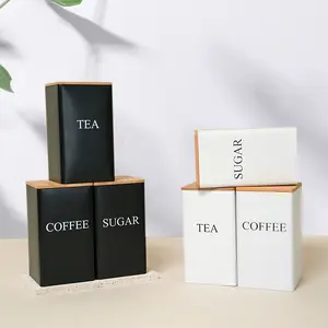 3 Pack Coffee Tea Sugar Container with Bamboo Lid Metal Canister for Kitchen Counter Dining Room Farm House Kitchen Style Drink Station Organizer Set