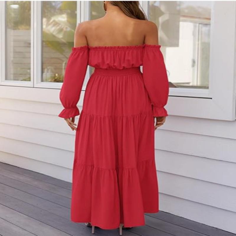 Black Love Minimalist Women's Off-Shoulder Ruffle Long Sleeve High-Slit Dress Elegant Basic Sundress for Summer Outfits Homecoming & Beach Wear Formal Womenswear