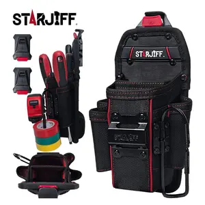 STARJIFF Electrician's Mini Tool Kit with belt clip, tape measure sleeve, tape hanger, 5 pockets, and durable 1680D leather electrician's case, Tool Bag; suitable for electricians and carpenters.