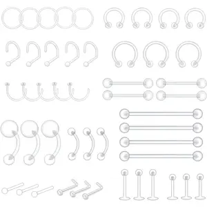 48pcs Clear Piercing Retainers Bioflex Nose Tongue Belly nipple rings Plastic Earings Eyebrow Cartilage Tragus Lip Septum Hoop Nose Stud Industrial Bar Piercing Jewelry For Surgery.