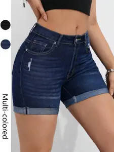 Women's Solid Color Denim Shorts with Pockets, Elastic Hem Summer Casual Shorts, Versatile Daily Wear, Comfortable and Stylish