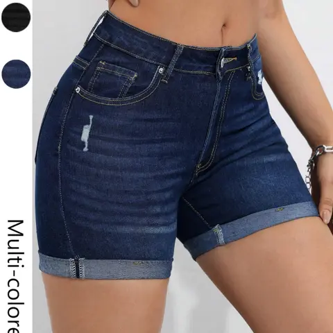 Women's Plain Basic Denim Short Pants with Pockets, Elastic Hem Summer Casual Shorts, Slim-Fitting Mid Waist, Button Fly, Daily Wear, Minimalist Shorts