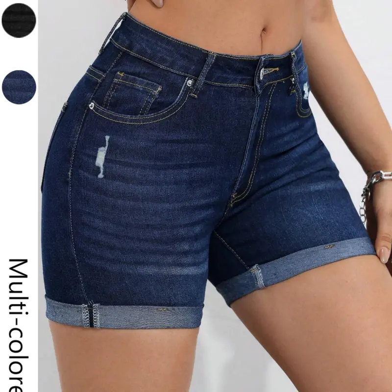 Women's Plain Basic Denim Short Pants with Pockets, Elastic Hem Summer Casual Shorts, Slim-Fitting Mid Waist, Button Fly, Daily Wear, Minimalist Shorts