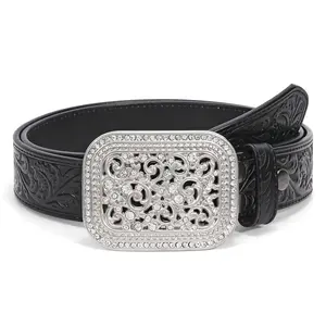 XZQTIVE Rugged Genuine Leather Western Belt for Men  - Bold Floral Engraving & Embossed Buckle, Ideal for Cowboy Style & Adventure"