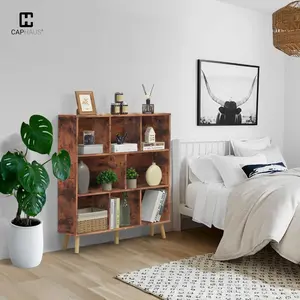 CAPHAUS 8 Cube 3 Tier Mid Century Bookshelf, 40” Wide Wooden Cube Storage Organizer with Legs, Open Shelf Bookcase, Modern Shelving for Living Room, Bedroom, Office, White/ Rustic Oak/ Tiffany Green