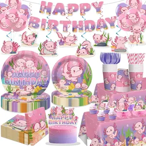 Axolotl Birthday Decorations Pink Axolotl Party Decorations Cake Cupcake Topper Balloons Banner Plates and Napkins Table Cloth Axolotl Party Supplies for Girls Cartoon Fun Animal Party