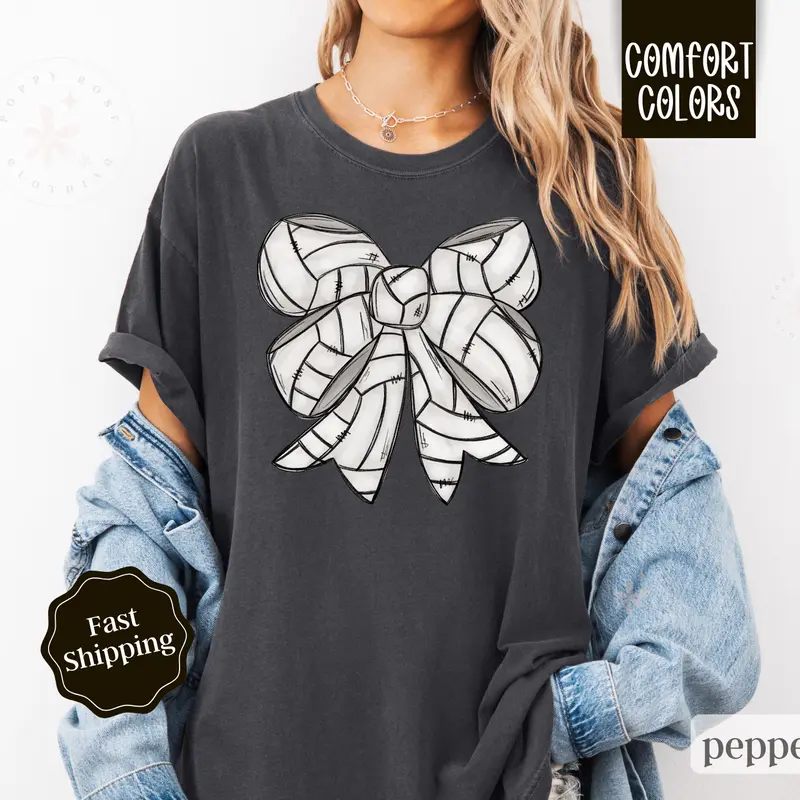 Volleyball Bow Shirt Comfort Colors, Volleyball Mom Tee, Womenswear Oversized Crewneck