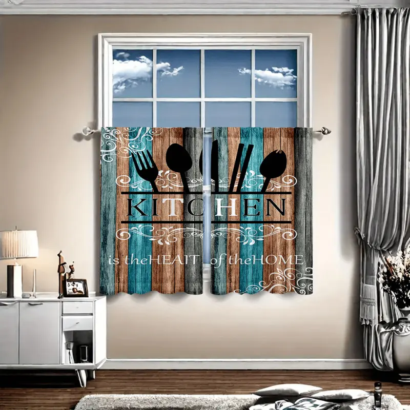 Bohemian Look Darkening Double-Layer Kitchen Curtain Set, Kitchenware-Printed Ruffled Drapes with Blue-Brown Background, Custom Grommet Panels for Home Decor & High Ceiling Living Rooms, Darkening Effect