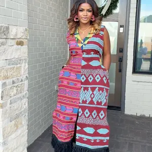 Akwaete Two Tone Dress Simple and Elegant with Vibrant Aztec Patterns and Fringe Details for Stylish Outfits