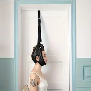 1pc Black Polyester Cervical Spine Support Belt - Portable Door Hanging Neck Protector with Adjustable Straps & Firm Fastening for Home Stretching, Posture Correction & Pain Relief - Fit for All Body Types, Secure Buckle Feature, Stretching Aid, Ergonomic