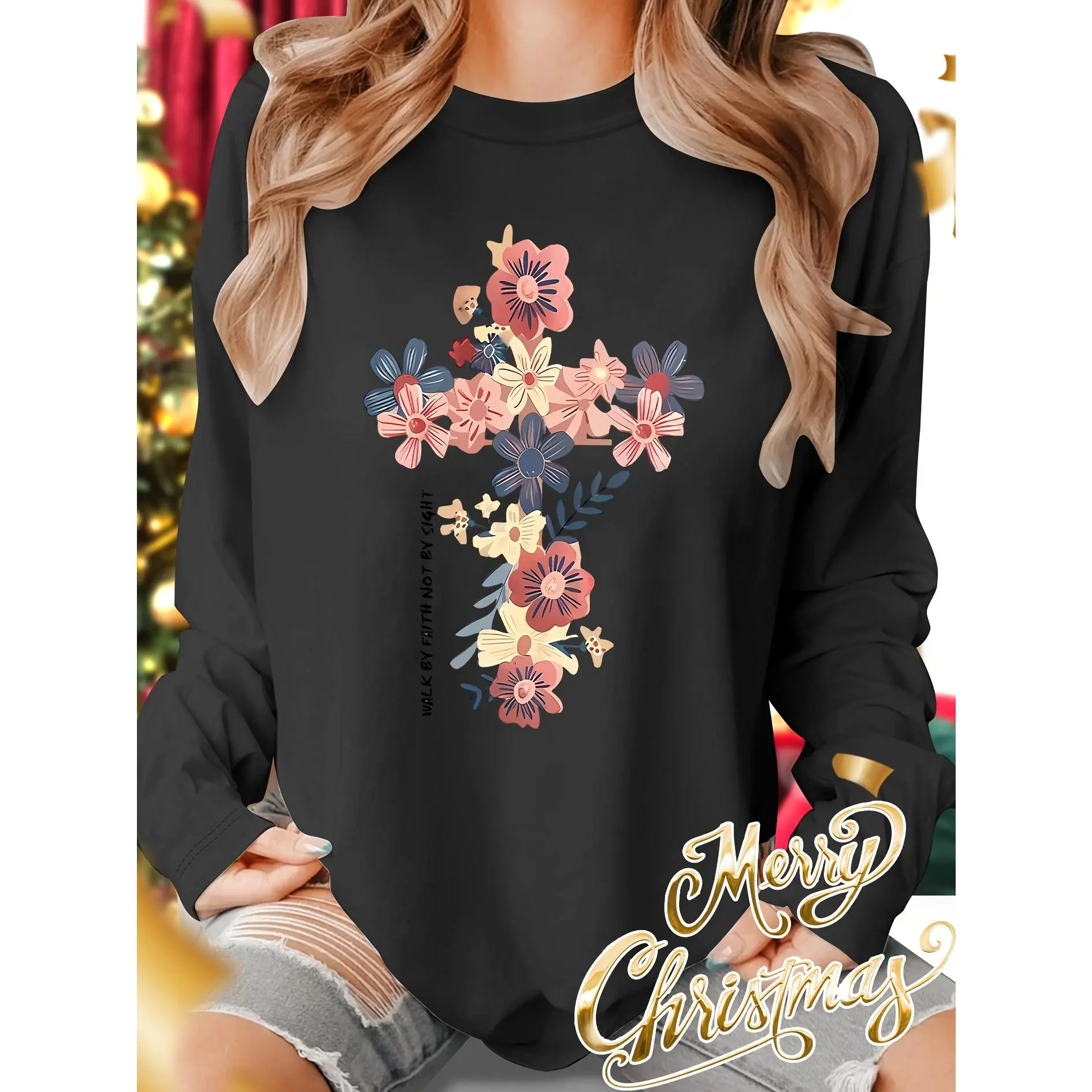 Women's Plus Size T-Shirt with Vintage Floral Print, Comfortable Cotton Long Sleeve Streetwear Top for Daily Wear, Longsleeves, Tshirt, Casual, Vintage Print, Round Neck, All Seasons, Basics, Machine Washable, Geometric