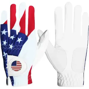 Golf Gloves Men Left Hand Right with Ball Marker USA Flag Blue Camo Plaid Pack, Mens Leather Golf Glove All Weather Grip Small Medium ML Large XL