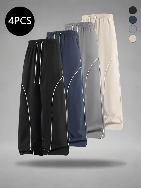 Men’s 4-pack striped wide-leg sweatpants for spring/autumn, loose fit, casual and versatile, trendy high-street street-style athletic pants