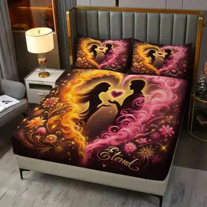 3 Pcs Two-Tone Flame Heart Couple Romantic Fitted Sheet Set, Bed Sheets Set, 1 Fitted Sheet & 2 Pillowcases (no Filler), Fits Bedroom/Dorm Decor, Ideal for Couples/Flame Element Fans