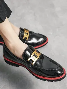 Men's Business Fashion Double-sided Buckle Design Dress Shoes, Formal Style Slip-on Loafer Shoes for Work Office, Male All-match Black Shoes for Daily Wear, Boy, Footwear