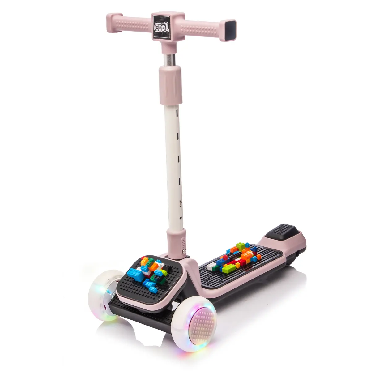 Kids 3-Wheel Foldable Kick Scooter with Buildable Blocks, PU Flashing Wheels, 5-Level Adjustable Handlebar, Music & Lights, Thick Aluminum Tube, for Ages 3-9, Three-Wheel Scooters
