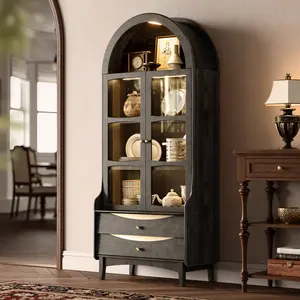 74" Tall Arched Bookshelf with LED Lights,4-Tier Modern Farmhouse Arched Bookcase with Glass Doors and Shelves,Wooden Display Cabinet with 2 Drawers (Black)