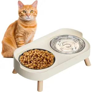 Elevated Cat Bowl, Raised Cat Food and Water Bowl Set for Indoor Cats, Splash Proof with 2 Stainless Steel Pet Food Bowls for Cats and Puppies, Whisker Fatigue and Dishwasher Safe - White