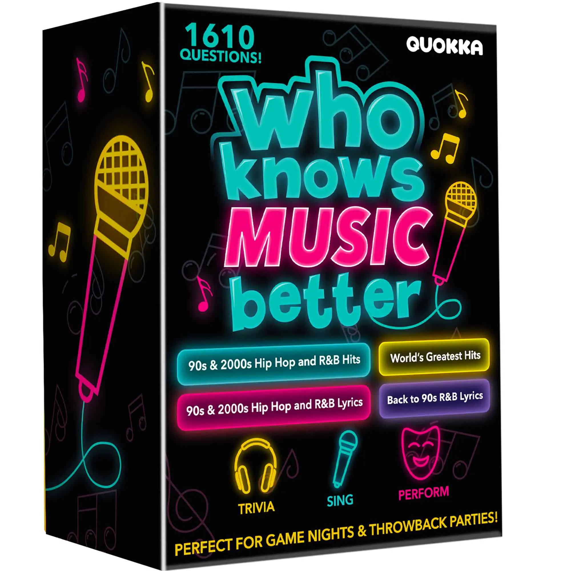 QUOKKA Trivia Card Game - 4-Pack Ultimate Music Box with Cardboard Cards, Tabletop Family Fun Game for 18+ Ages, 90s & 2000s Fans, Singing & Karaoke Challenges, Tabletop Games