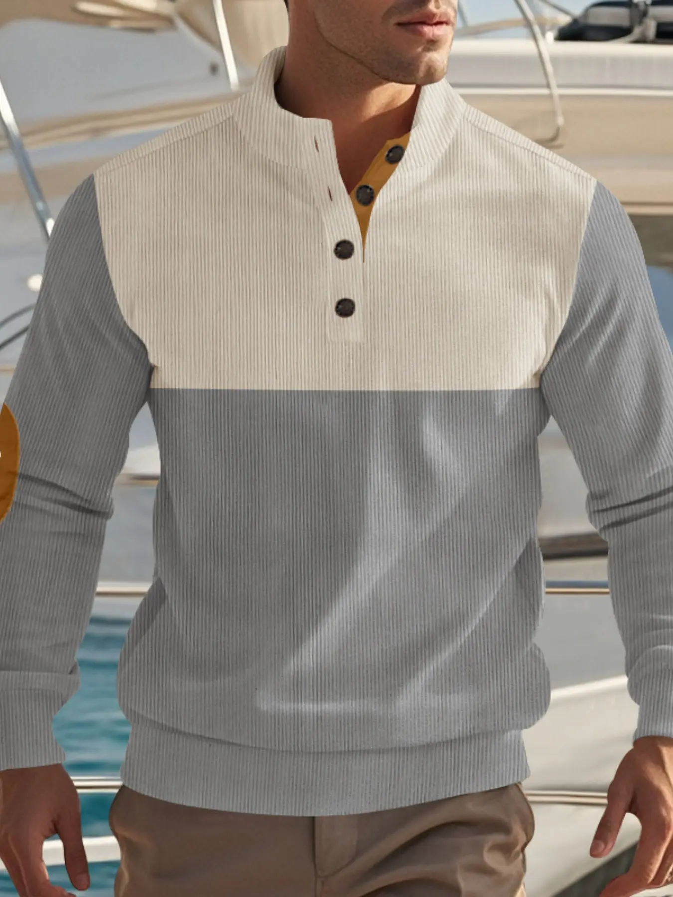 Men's Colorblock Ribbed Patchwork Button Front Henley Sweatshirt, Outdoor Casual Sporty Long Sleeve Pullover, Essential Wardrobe Item