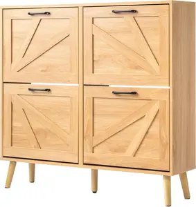 summervibes Shoe Cabinet for Entryway, Fluted Shoe Cabinet with 4 Flip Drawers, Freestanding Wooden Shoe Organizer with Legs for Hallway, Hidden Shoe Rack with Legs for Hallway, Foyer (Natural)