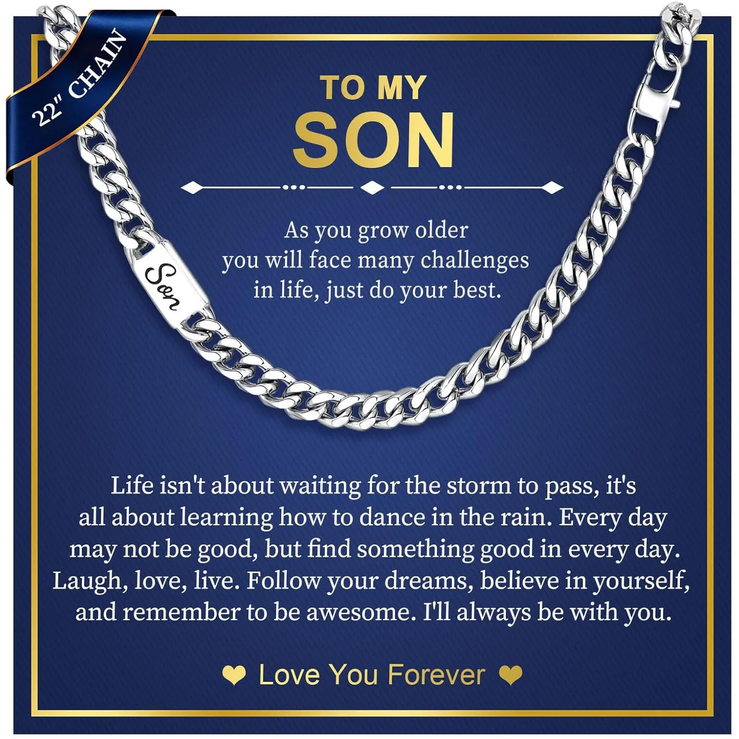 Cuban Link Chain Necklace for Men : Men's 316L Stainless Steel Silver Love You Forever Engraved Curb Chains Necklaces for Son Grandson Nephew Boyfriend, Jewelry Gifts for Birthday Valentines