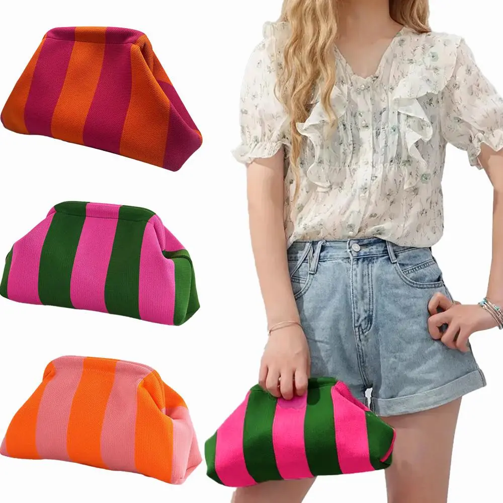 Women's Summer Knit Woven Crochet Dumpling Cloud Chic Fashionable Shoulder Clutch - Commuter Purse, Large Capacity Bag, High-Capacity Kiss Lock, Ruched Colorblock Casual Handbag