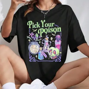 Women's Oversized T-Shirt, Vintage "Pick Your Poison" Graphic Print, Casual Short Sleeve Round Neck, Emperor's New Groove Birthday Gift, As Photos