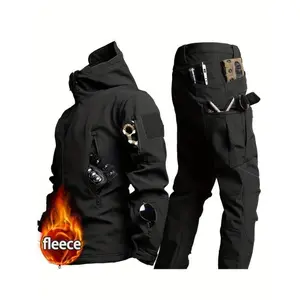 Camouflage Print & Plain Color Men's 2pcs Military Windproof Suit Multi-Pocket Soft Shell New Year physical exercise Hooded Jackets Sharkskin Work Cargo Pants, Outdoor Cloth Long Sleeve Menswear