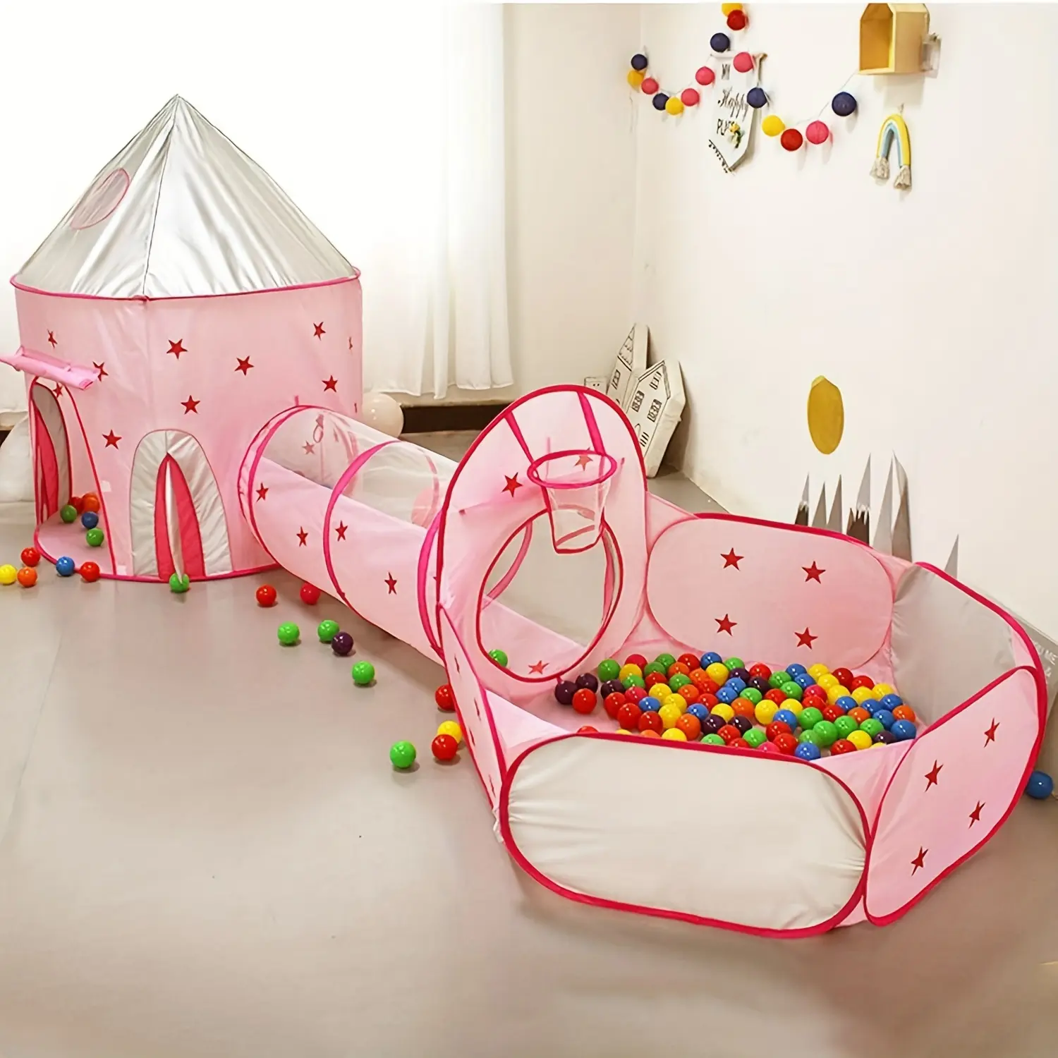 Toddler Tent Crawl Tunnel, Ball Pit for Toddlers 3 in 1 Pop Up Girls Play Tent with Play Tunnel Basketball Hoop Playhouse for Kids Gift, Indoor Outdoor Play House(Colorful Ball Not Include)