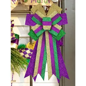 Mardi Gras Wreath Bows Mardi Gras Decor Bow Purple Green Glitter Srips Burlap Bows for Wreaths, Tree Topper or Mardi Gras Home Indoor Outdoor Decoration Wreath Ornament Supply