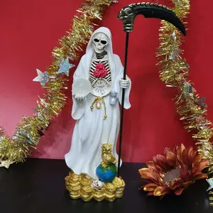 Santa Muerte  Estatua Blanca 13" Holy Death White Statue on money With Red Rose Decoration Religious Ornaments