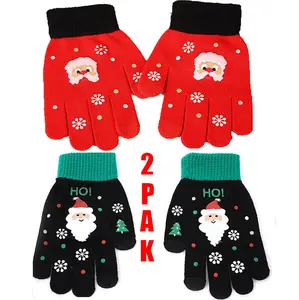 2 Pairs Winter Gloves for Men Women,Knit Warm Stretch Gripper Thermal Knitted Mittens Glove Black and Red,Cold Weather Warm Touchscreen Glove Unisex, Non-slip, Elastic Cuff,Knit Stretchy