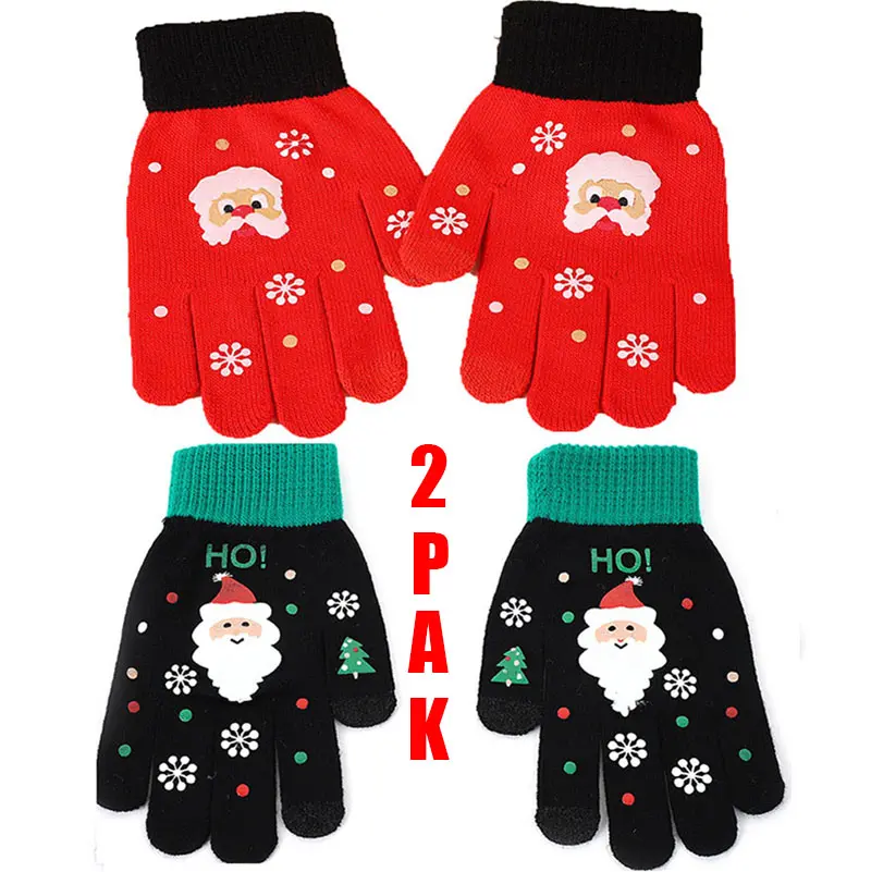 2 Pairs Winter Gloves for Men Women,Knit Warm Stretch Gripper Thermal Knitted Mittens Glove Black and Red,Cold Weather Warm Touchscreen Glove Unisex, Non-slip, Elastic Cuff,Knit Stretchy