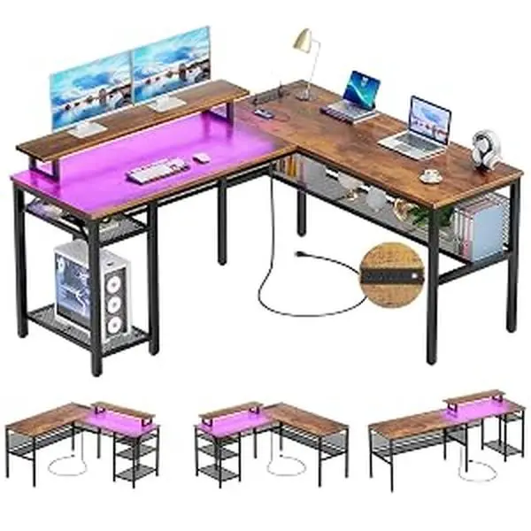 Homieasy L Shaped Desk with USB Charging Port and Power Outlet, Reversible L-Shaped Corner Computer Desk with Storage Shelves, Industrial 2 Person Gaming Table Modern Home Office Desk, Rustic Brown