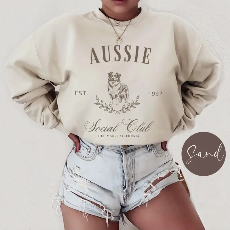 Australian Shepherd Social Club Name Sweatshirt, Custom Aussie Dog Mom Gift, Dog Mama Crewneck Sweater, Gift for Dog Owner, Personalized Tee
