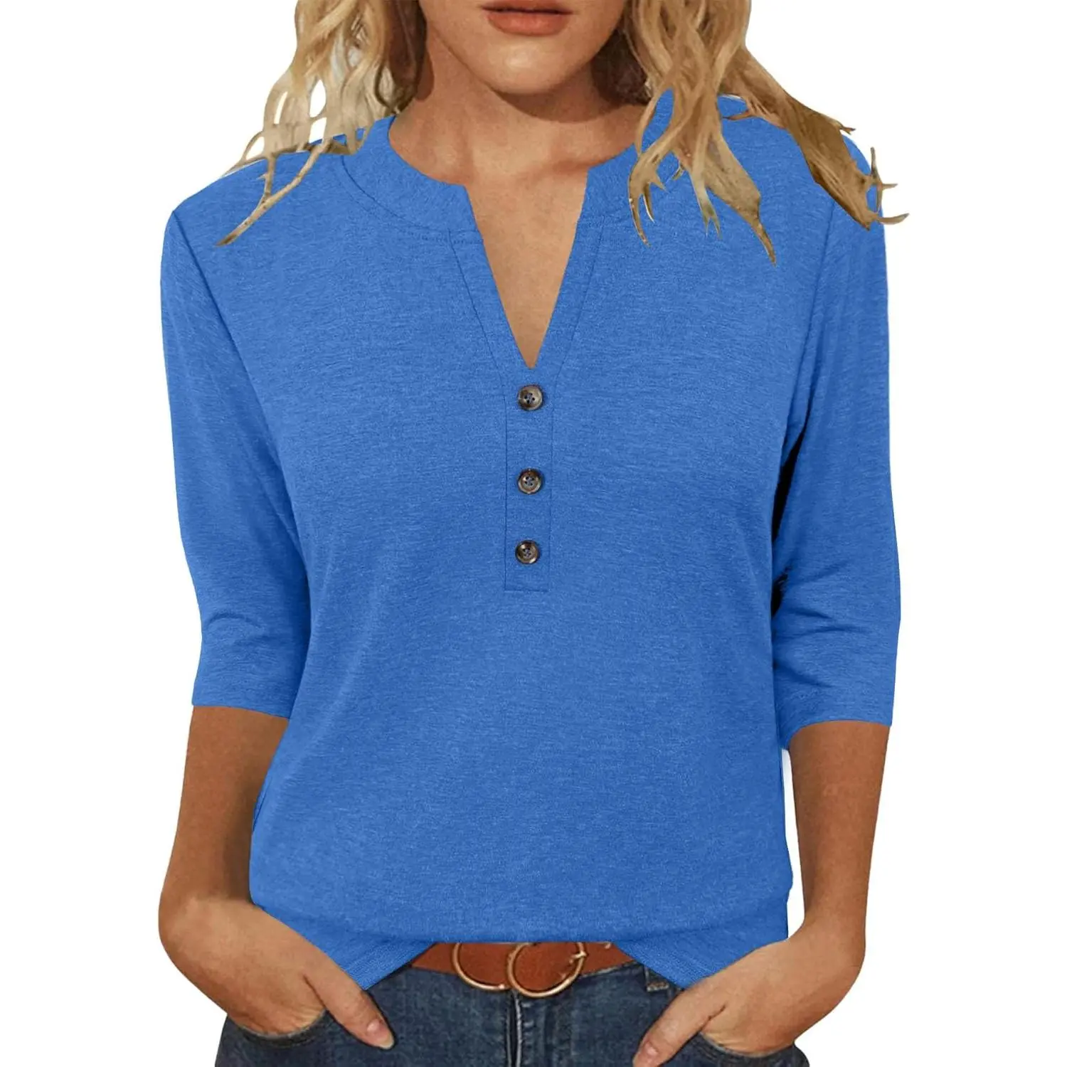 Women's Button V-Neck 3/4 Length Sleeve Tunic Blouse - Casual Chic Top, Dressy Casual Option, Stylish Everyday Piece, Basic Business Wear, Dressy Casual Blouses