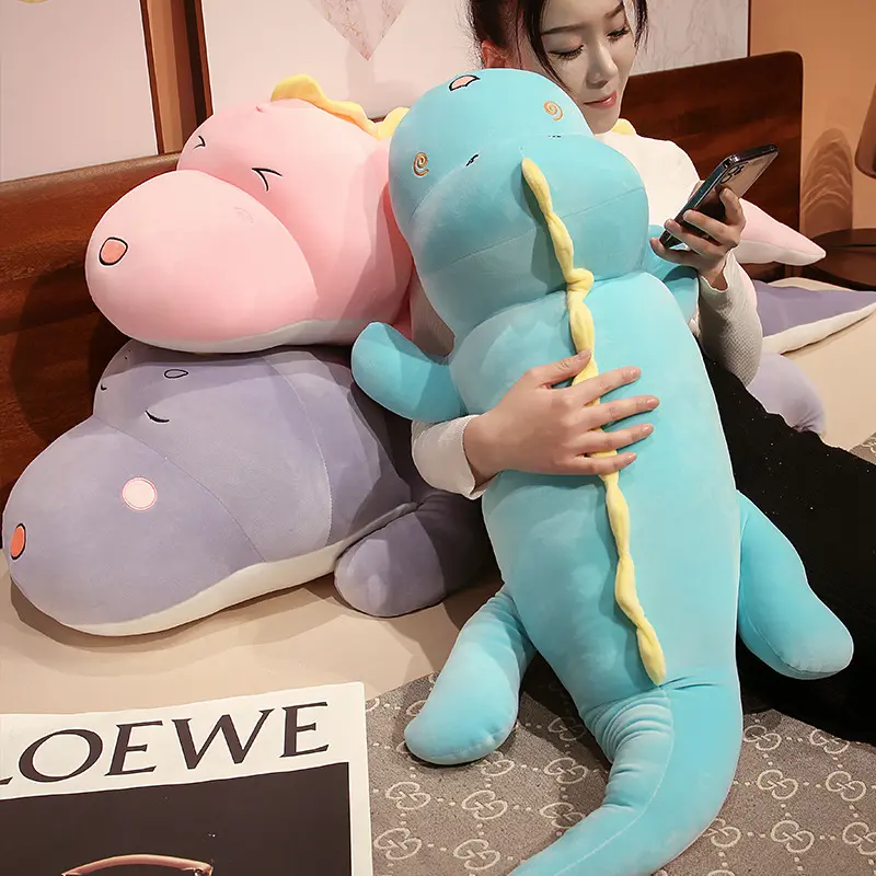 Whimsical Long Dino-Shaped Plushie Stuffed Toy Pillow - Soft, Huggable, Hypoallergenic, Funny Expressions - Soft Cuddly Gift for Plushies and Stuffed Animals Enthusiasts