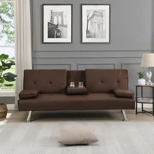 Sofa Bed with Armrest two holders  WOOD FRAME, STAINLESS LEG, FUTON BROWN  PVC