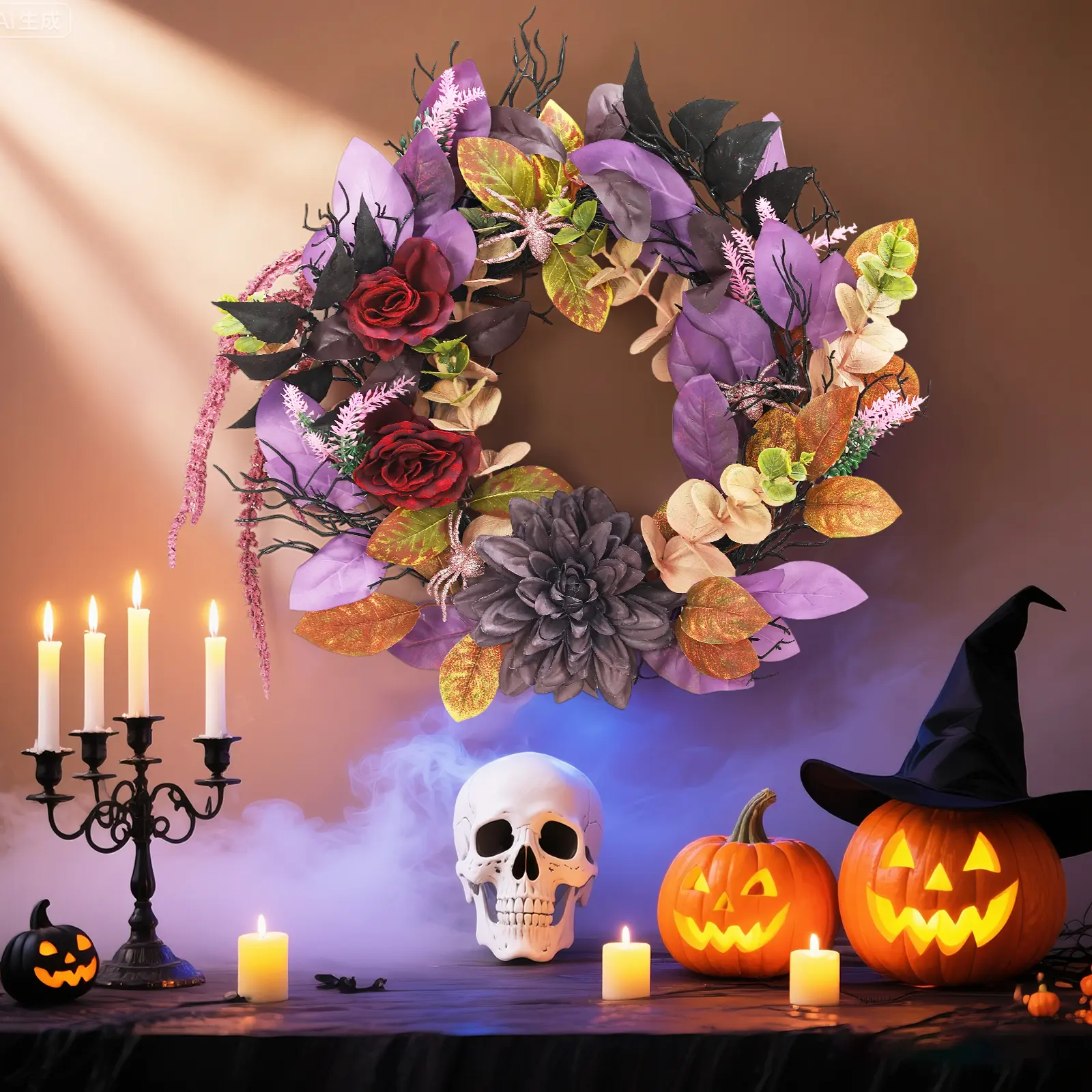 18 Inch Halloween Wreath for Front Door, Artificial Wreath  with Artificial Roses & Spiders,Indoor Outdoor Holiday Decorations for Window, Front Door, Wall, Fireplace