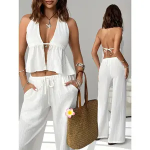 SYHAN 2026 Latest Cherry 2pcs Outfit Set Halter Neck Strappy Off-shoulder Vest & Wide-leg Drawstring Pants for Club Parties Vacation Wear Women's Beachwear Carnival Party Outfits Hawaiian-style Attire Island Vacation Wear AG10089530 - Clothes, Womenswear