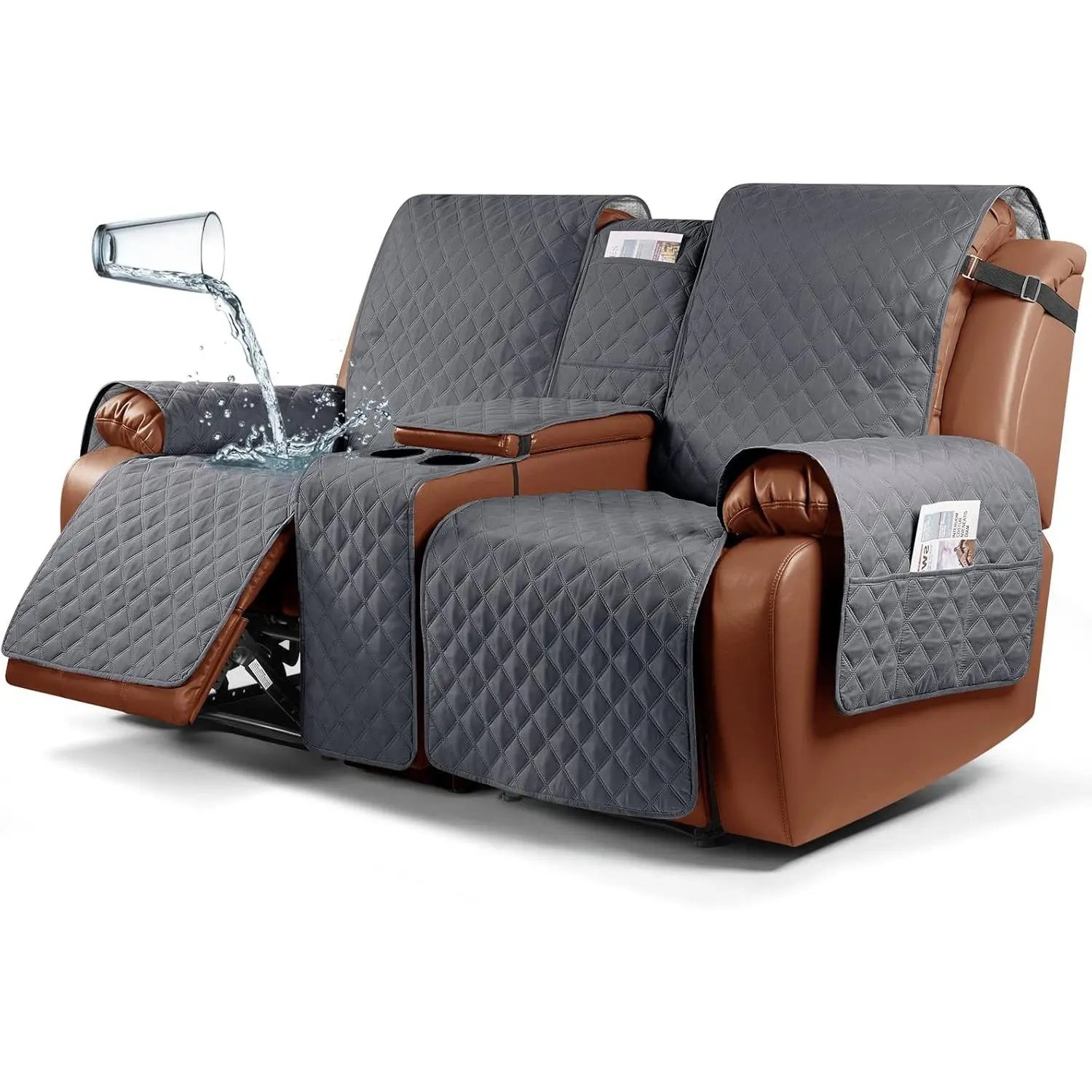 Recliner Loveseat Cover with Console, Non-Slip Couch Cover Pet Cover for Double Recliner Split Sofa Cover with Elastic Straps for , Dogs, Pets (Dark Grey, 2 Seater)