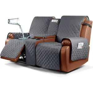 Recliner Loveseat Cover with Console, Non-Slip Couch Cover Pet Cover for Double Recliner Split Sofa Cover with Elastic Straps for , Dogs, Pets (Dark Grey, 2 Seater)