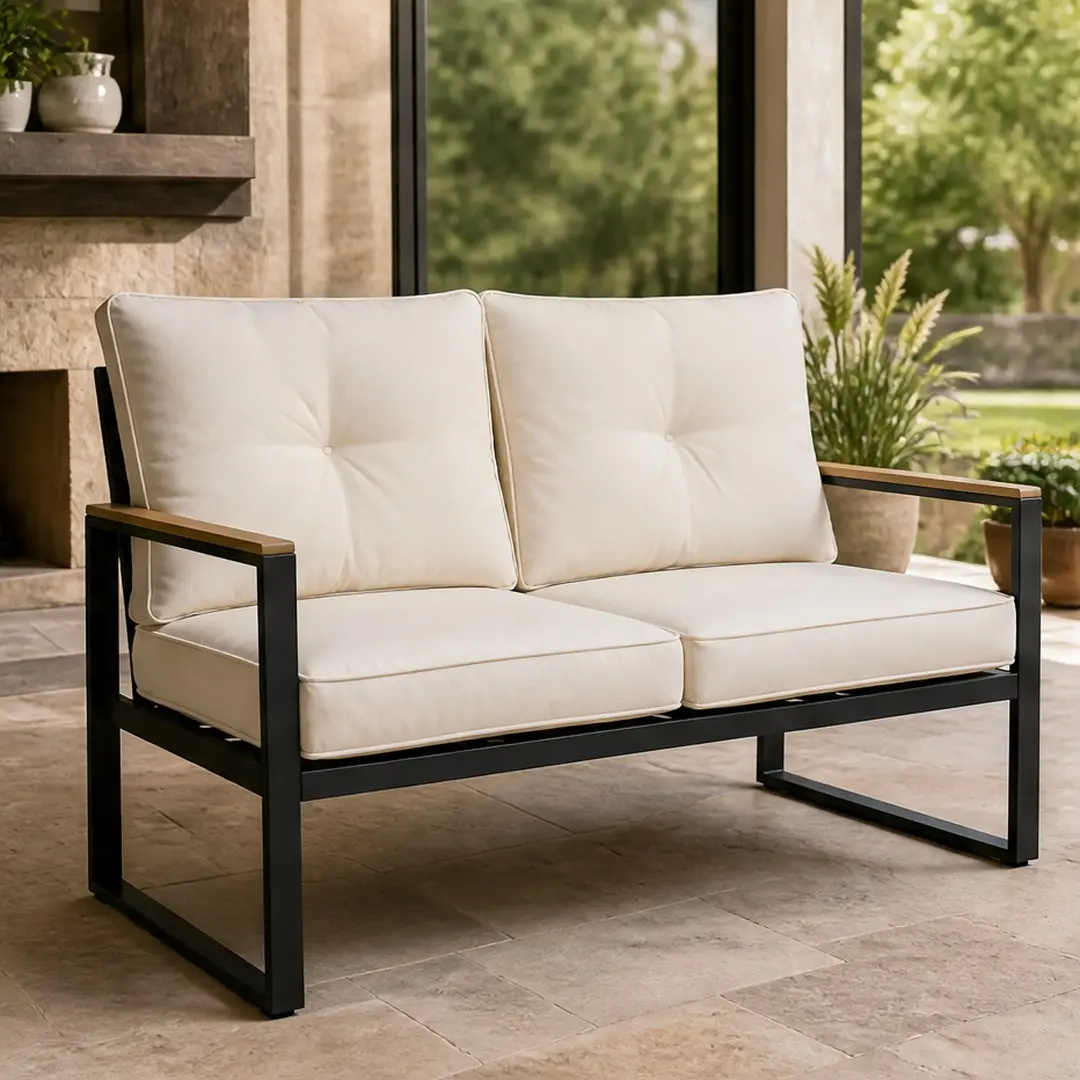 Outdoor Patio Loveseat Sofa for Balcony Porch Backyard, All-Weather Steel Frame with Beige Acrylic Cushion, 4-Inch Thick Seat, Easy Clean Removable Cover, Compact 2-Seater Couch for Small Spaces, Beige+Black Color Options, Acrylic/Steel Material