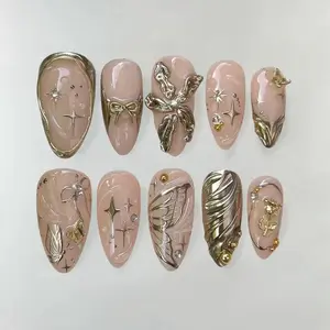 Luxury Gold Butterfly Press On Nails – Nude Pink Almond 3D Chrome Reusable Fake Nails
