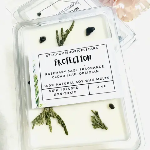 2oz Scented Non-Toxic Soy Wax Melts - Reiki Infused, Herb and Crystal Energy, Rosemary Sage, Cedar Leaf Top Notes, Fragrance for Cleansing, Home Supplies Decor Accessory