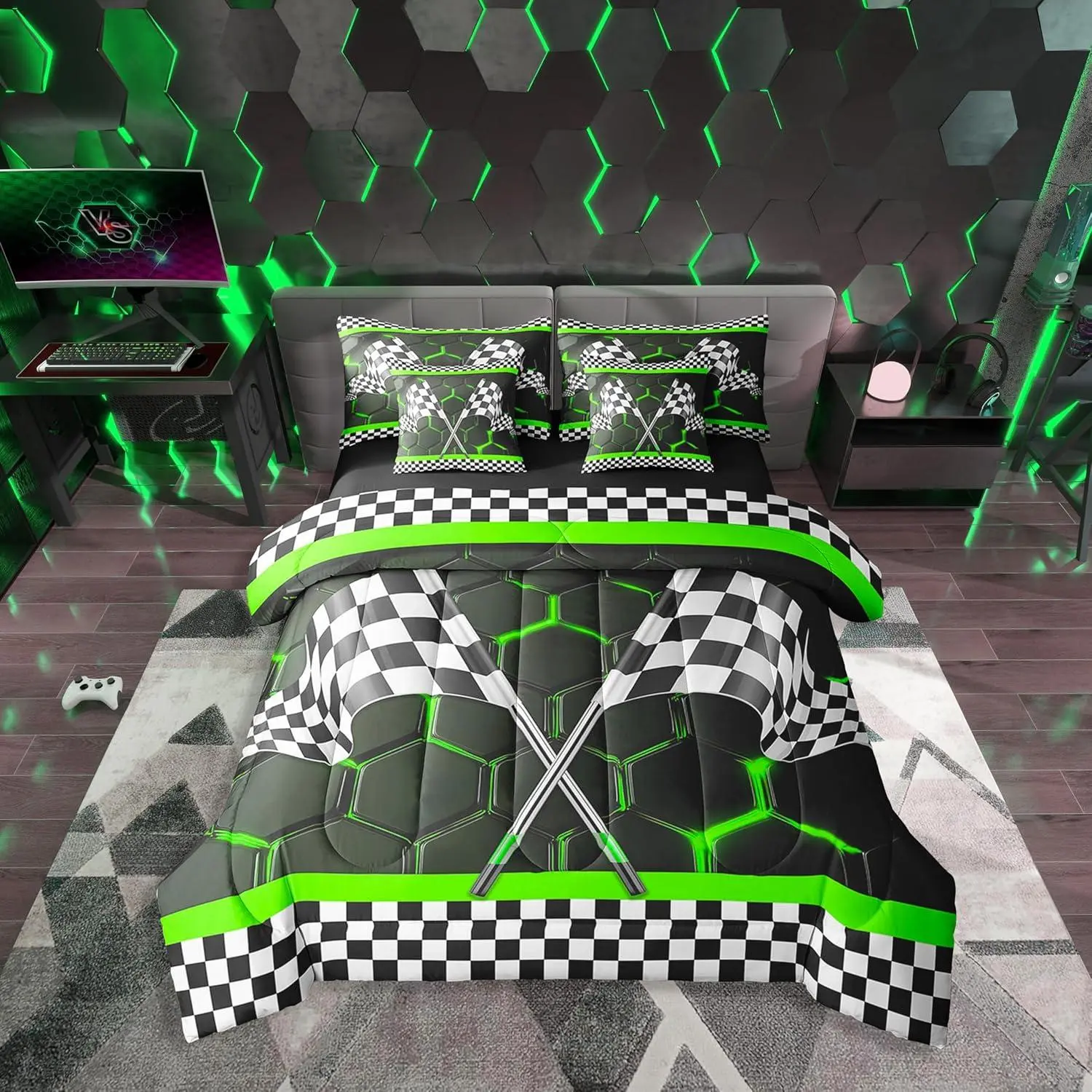 Racing Flag 7 Pcs Comforter Set Bed in a Bag Race Car Bed,Green Glowing Neon Lights Honeycomb Sheet Set,Black and White 3D Flag Grid Checkered Quilt Decor