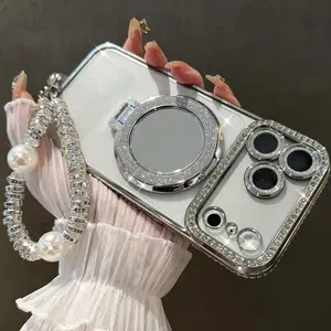 Premium phone case for women with mirror and stand, comes with a white beaded bracelet, compatible with iPhone 14/15/16/17 Pro Max, 17 Air, 14/15/16 Plus. Features a shiny frame, high-definition transparent material and full-body shockproof design.