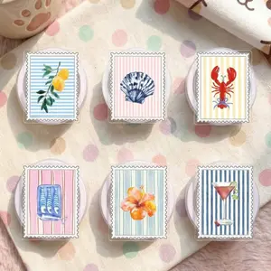Coastal Stamp Phone Grip, Cute Lemon Sardine Phone Stand, Mediterranean Summer Holder, Aesthetic Watercolor Shell Accessory, Beach Gift