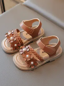 Girls' Woven Flower Sandals, Sweet Cute Style, Pearl Decoration, Soft Bottom Velcro, Summer Comfortable Shoes for Girls, Floral Design Sandals